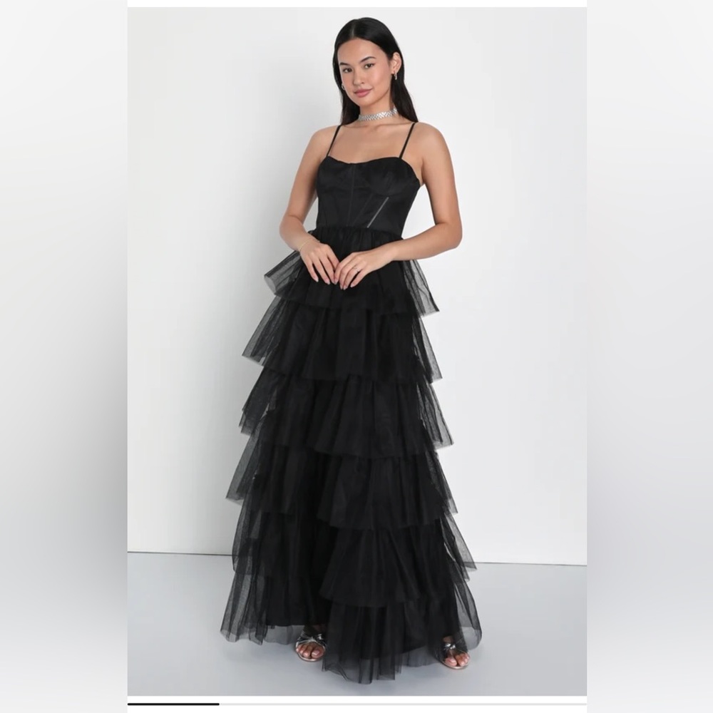 Rule the Runway Black Tulle Bustier Tiered Maxi Dress